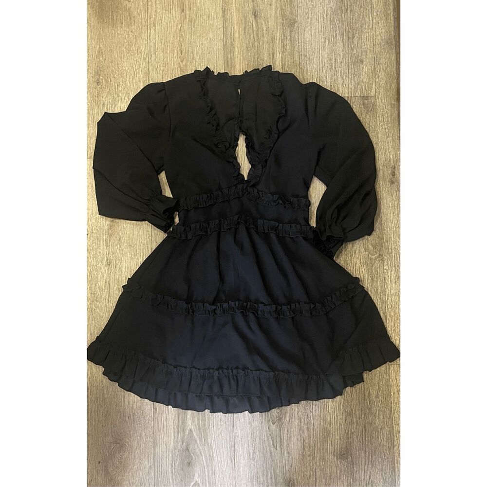 Black Ruffled V Neck Long Sleeve Dress Small